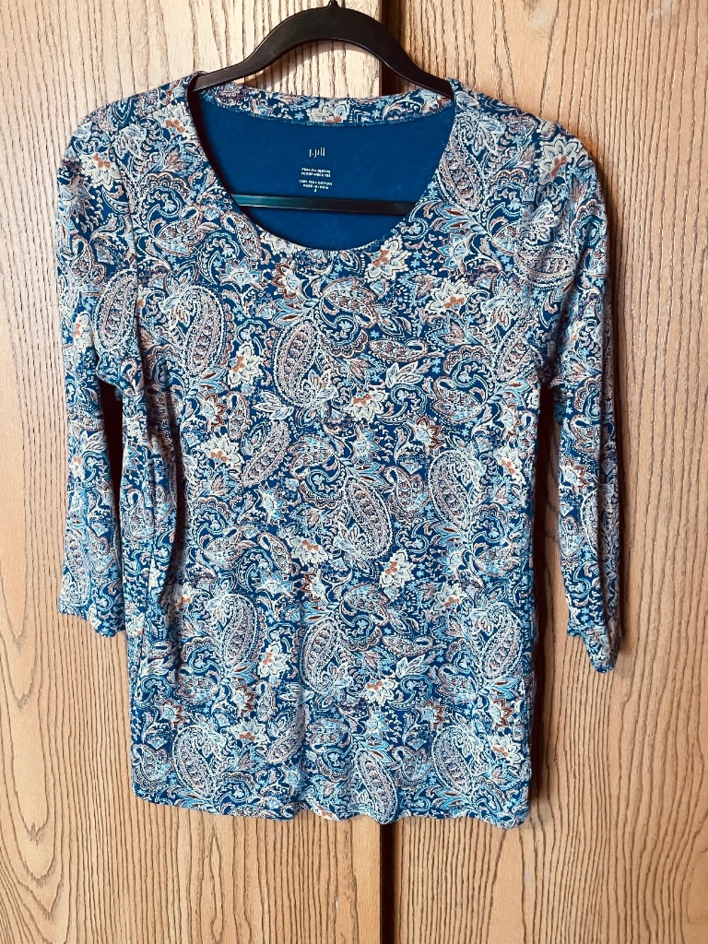 J. JILL 100% PIMA COTTON 3/4 SLEEVE SCOOP NECK TEE SIZE SMALL PAISLEY PRINT NWOT
